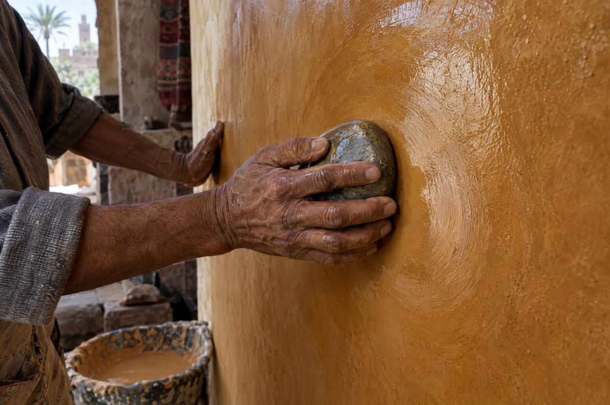 Un artisan polit un mur en tadelakt avec un galet de rivière à Marrakech