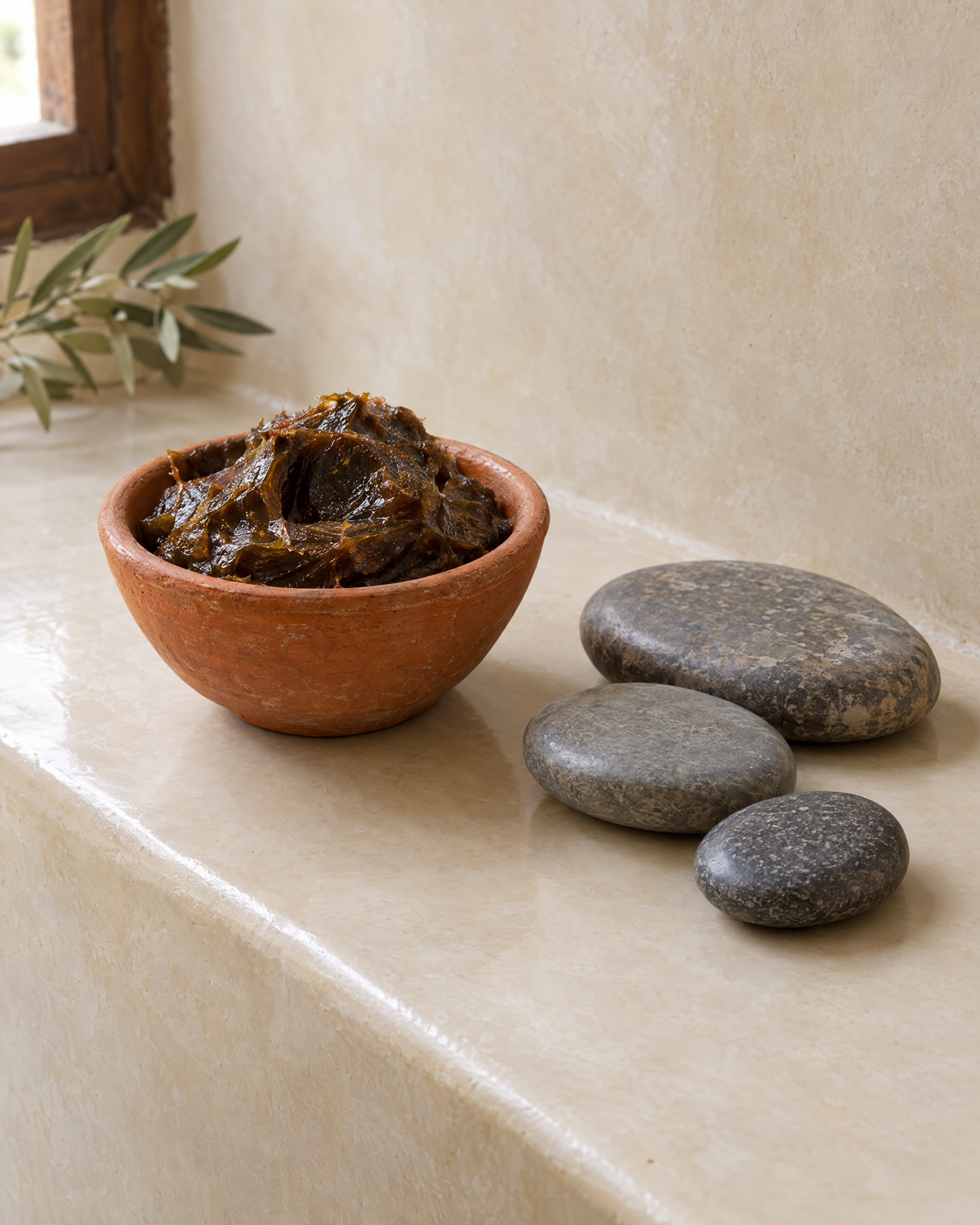 Savon noir marocain et galets de polissage sur un rebord en tadelakt