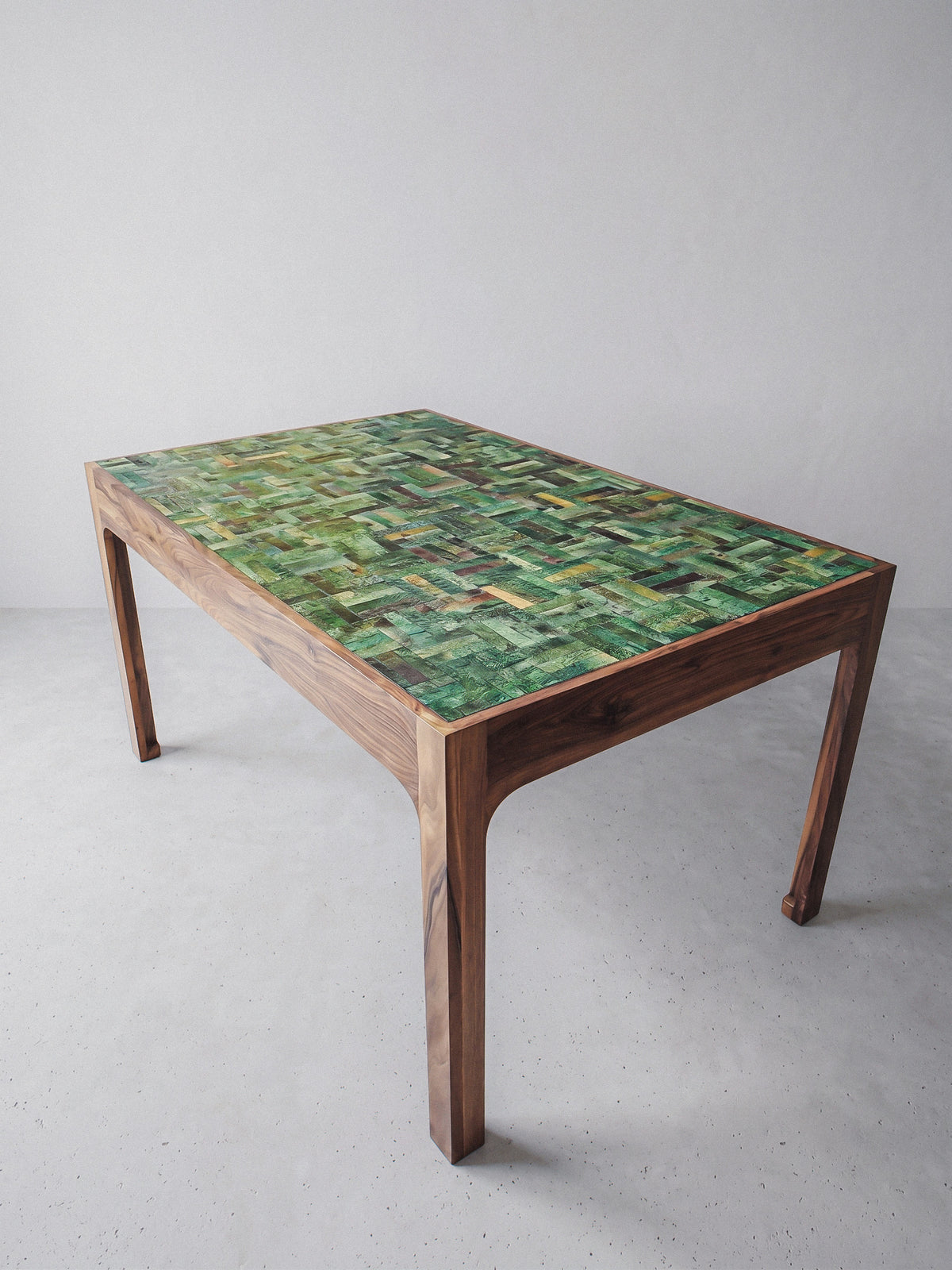 Sculptural table by Casarin, solid walnut base with hand-glazed green Tamegrout ceramic top